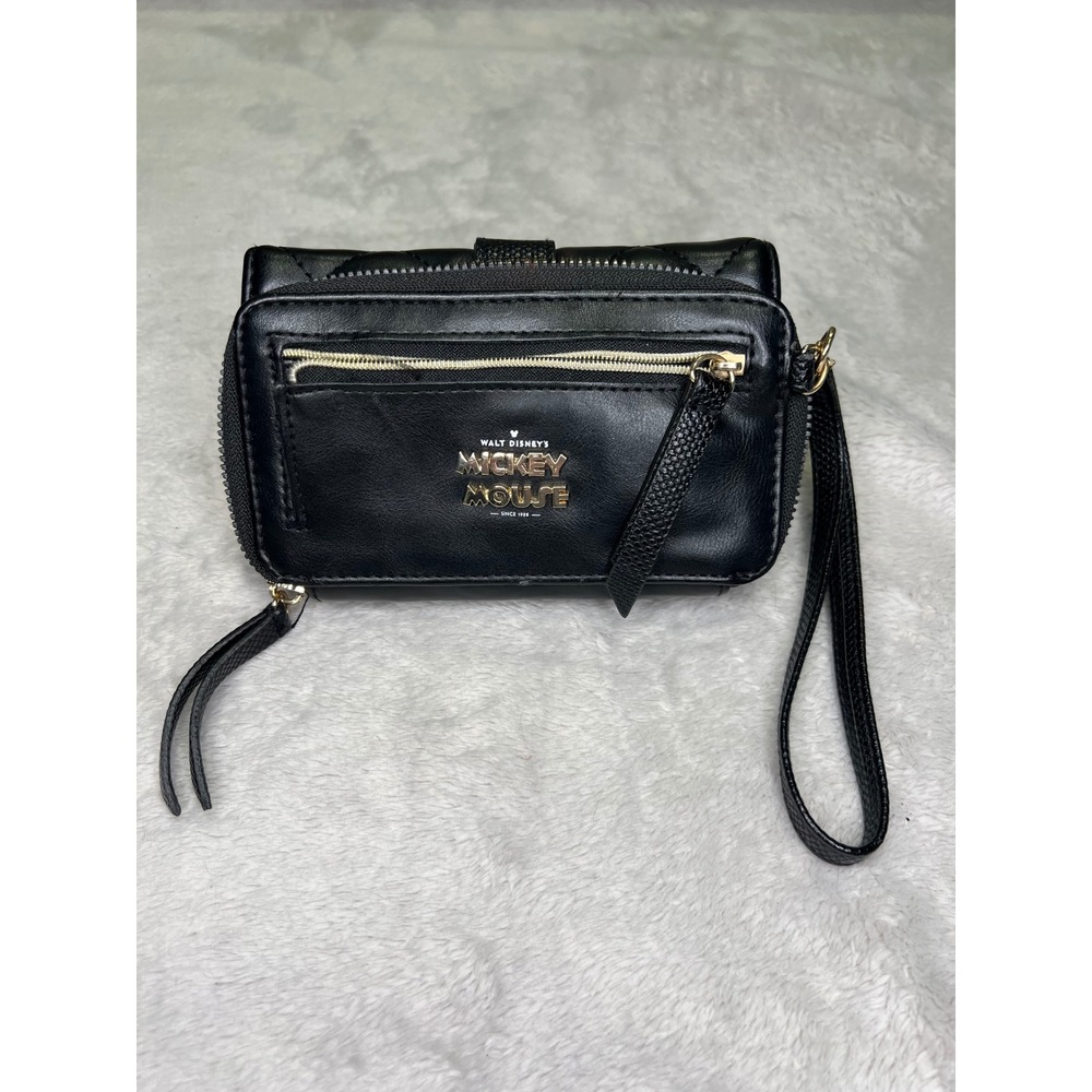 Disney Minnie Mouse Wristlet Wallet Quilted Gold Bow Logo Black Small